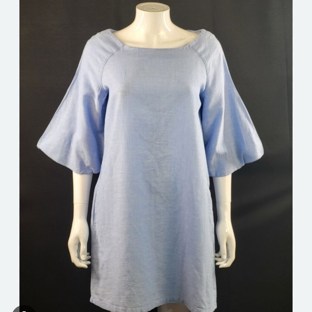 Zara Linen Light Blue Bell Sleeve Dress